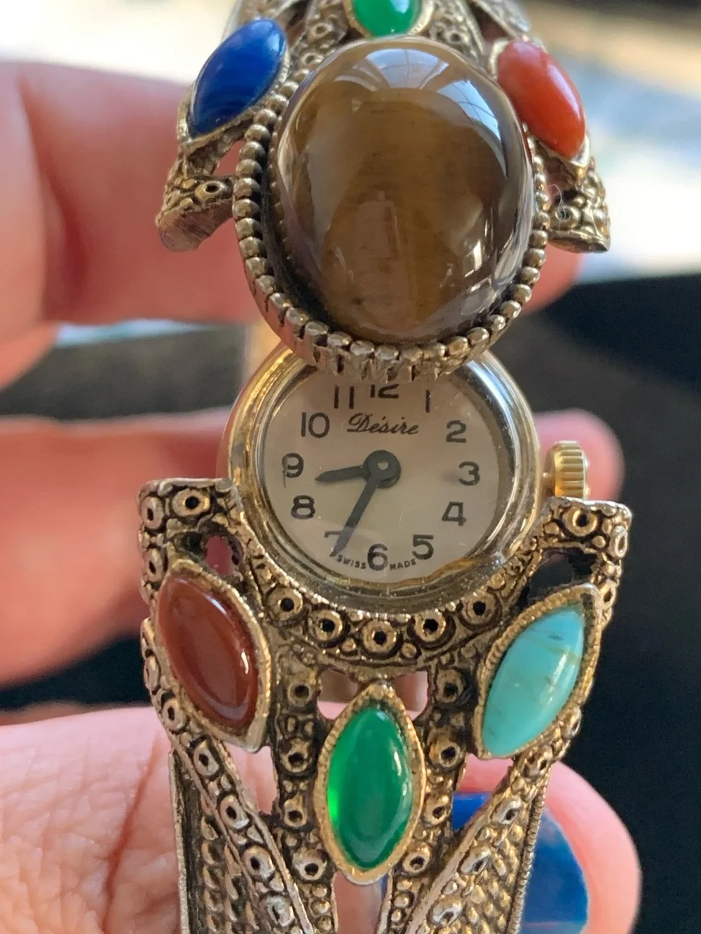Beautiful Vintage Women's Desire Bangle Hidden Watch with Cabachon Stones